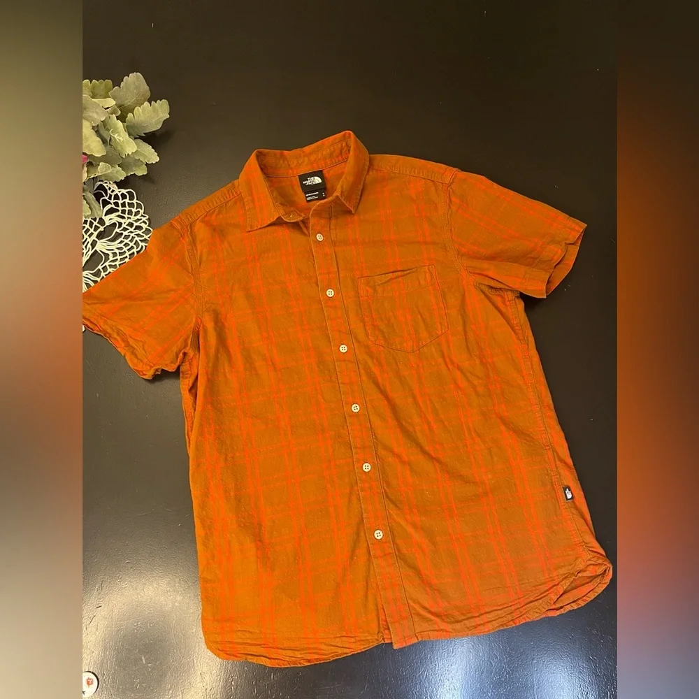The North Face Tan Rust Orange Plaid Shirt Sleeve Button Up Shirt Mens Sz‎ M